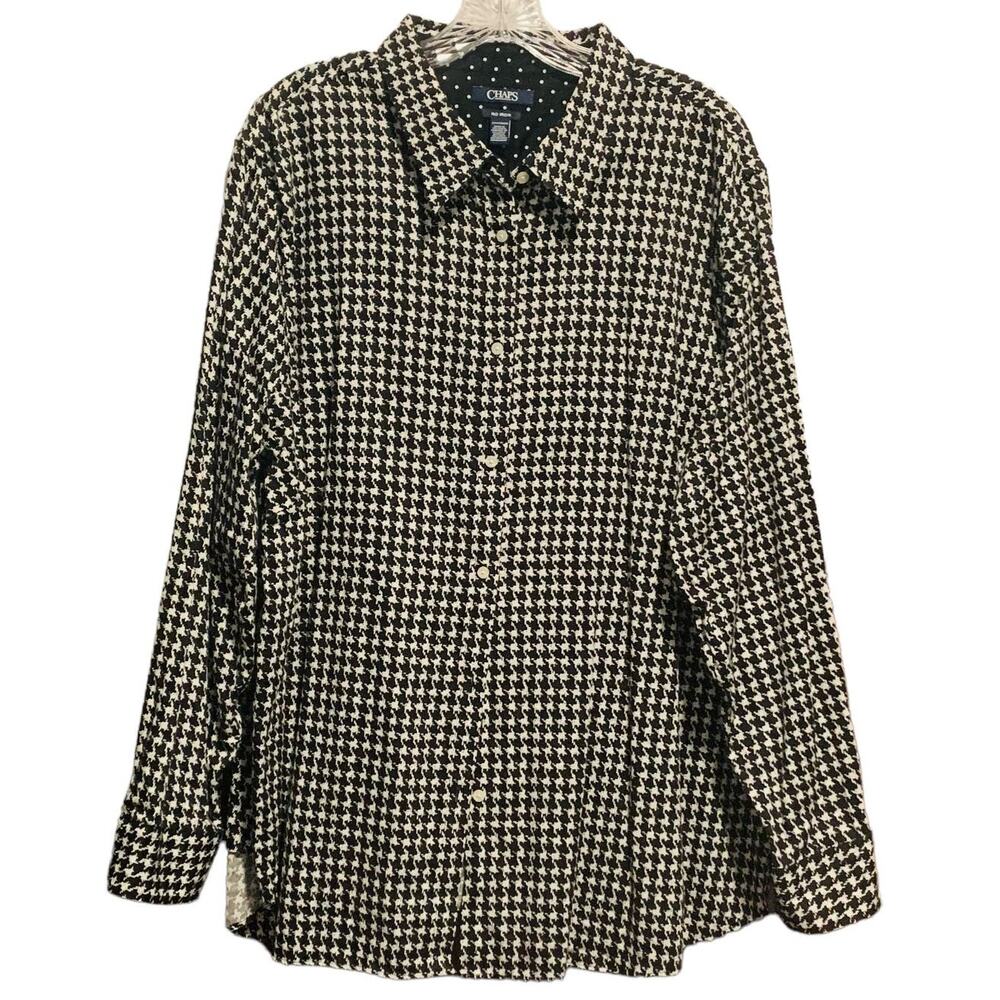 Women's Size 2X CHAPS No-Iron Button Down Blouse Houndstooth Check 100% Cotton